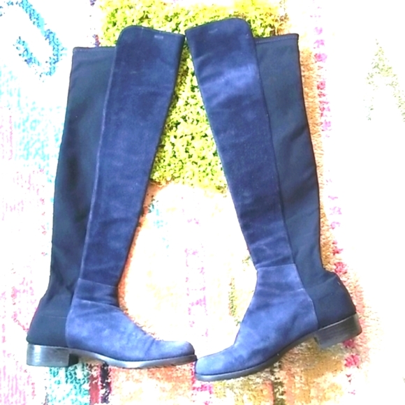 STUART WEITZMAN 50/50 Navy BLUE Suede Black Stretch Back Comfy Iconic OTK BOOT 7 - Picture 2 of 16